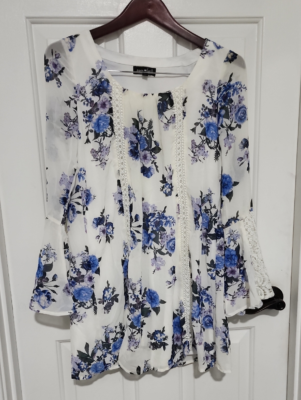 White Floral Lace-Trim Dress with Blue & Purple Print